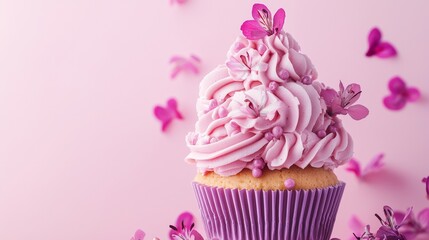 Pink cupcake with swirled frosting and butterflies on pastel background in sweet dessert party scene