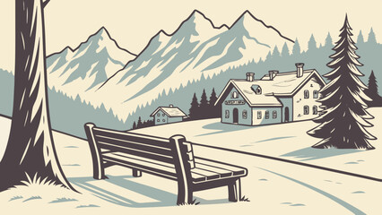 Fototapeta premium snow dusted wooden bench overlooks serene mountain landscape with cozy cabin