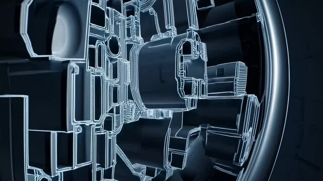 Complex metallic structure of a futuristic engine glowing with blue light, showcasing intricate details and advanced technology in a dark environment