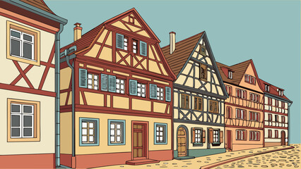 Colorful half timbered houses line charming street, showcasing unique architectural styles