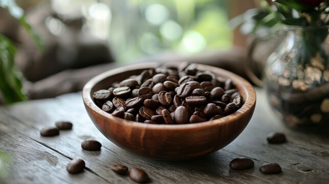 Bowl of roasted coffee beans on wooden table in sunlit rustic kitchen for aroma scene