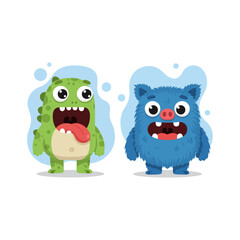 Funny cartoon monster character with reptile and pig monster, flat design vector illustrations