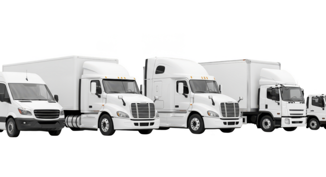 Fleet of commercial white vehicles on display