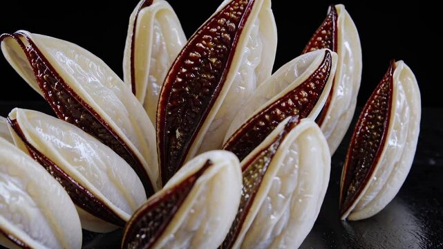 Close-up view of entada gigas seeds, or sea beans, highlighting their unique brown and white patterns and intricate textures against a dark background