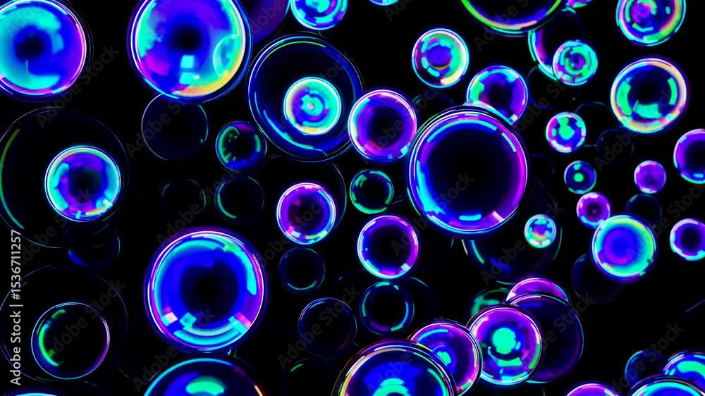 Poster many neon bubbles are floating and glowing creating a colorful and vibrant atmosphere on a black bac