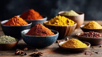 Close-up of colorful spices in small bowls, aromatic and flavorful