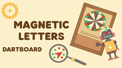 Colorful magnetic letters and dartboard create playful atmosphere