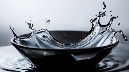 Black liquid splash frozen in midair on white background for dramatic abstract creative design scene