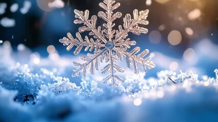 Close-up view of a frosty snowflake on a snowdrift, detailed ice crystal formation shining in the cool winter light, bokeh background. - Powered by Adobe