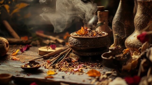 Incense smoke rising in mystical vintage setting with herbs and spices for spiritual ritual scene