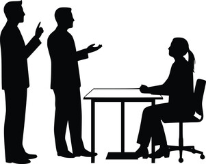 Silhouette of three business people in office meeting with one seated and two standing gesturing
