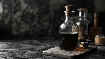 Old apothecary bottles and herbs on wood table with dark rustic background for vintage decor scene