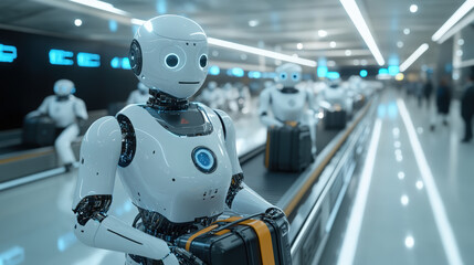 Fototapeta premium Robotic Police at Airport Baggage Claim. Robotic police officers are seen at an airport baggage claim, a vision of the future where machines uphold law and order.