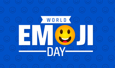 World Emoji Day Banner background or banner design. Bold White Text and Vibrant Yellow Smiley Face on Blue Background, Celebrating Global Digital Communication.