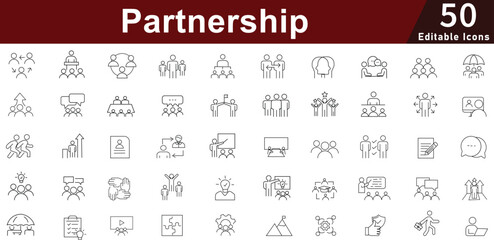 Partnership Business Icon Set - 50 Editable Strategic Alliance Icons for Joint Ventures, Collaboration and Corporate Relations Vector Collection