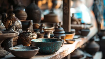 Handmade pottery bowls and vases on market table in artisan craft fair home decor scene