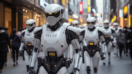 Robotic Police Officers on Patrol. A futuristic scene of a group of humanoid robotic police officers walking down a city street.