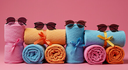 Colorful Rolled Towels with Sunglasses on a Pink Background for a Summer Vacation