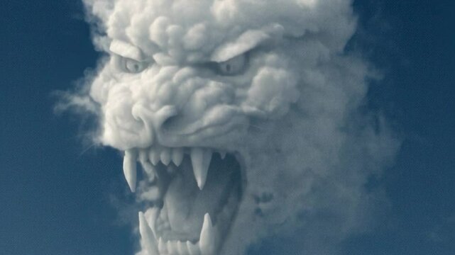 White clouds forming the face of a roaring lion against a blue sky create a dramatic and surreal atmosphere, evoking themes of nature, power, and imagination