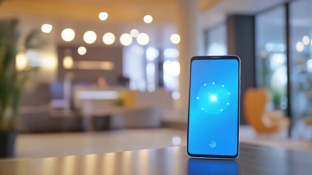 Smartphone displaying loading screen in modern lobby - Powered by Adobe