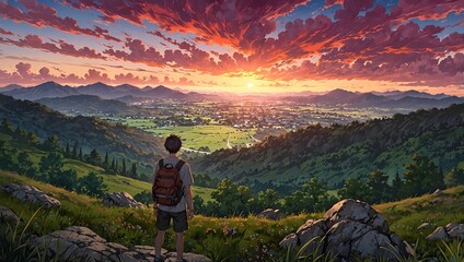 Naklejka premium Vibrant Anime Sunset Landscape: Lone Hiker Overlooking a Panoramic Valley