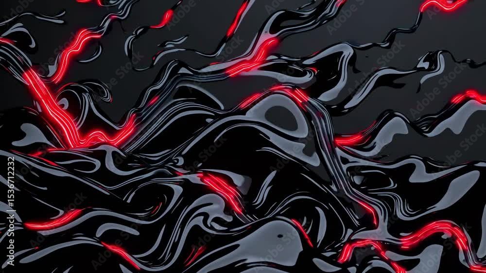 Poster red neon lights are flowing on black liquid abstract waves, creating a beautiful and futuristic back