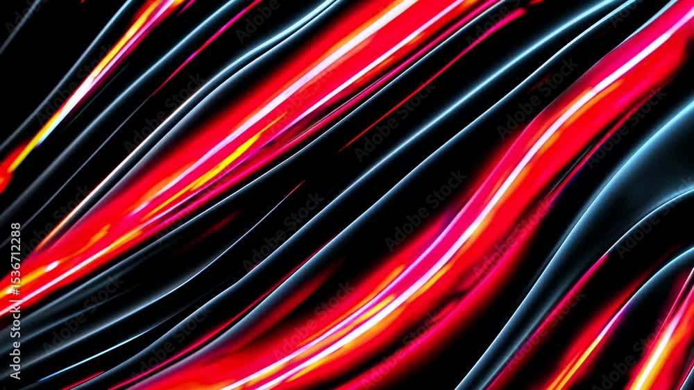 Poster smooth elegant red and orange glowing lines are flowing and waving on a dark background, creating a 