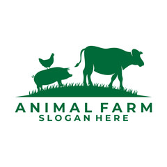 Farm logo design vector. Animal Farm logo design template. Cow, Pig, and Chicken logo design vector
