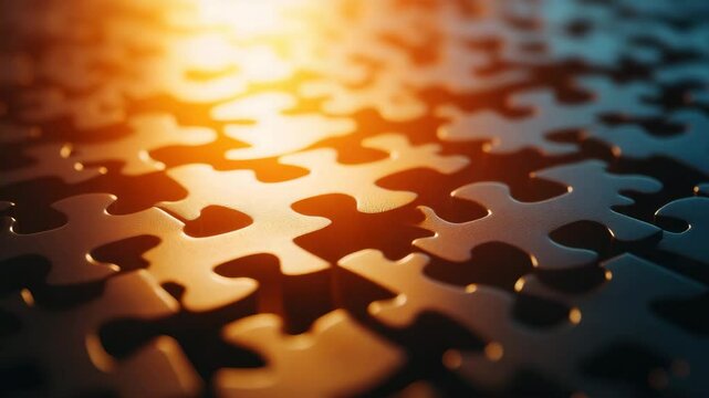 Puzzle piece jigsaw close up sunlight warm light connection game hobby leisure pattern abstract texture shape interlocking wooden surface creativity challenge teamwork concept idea