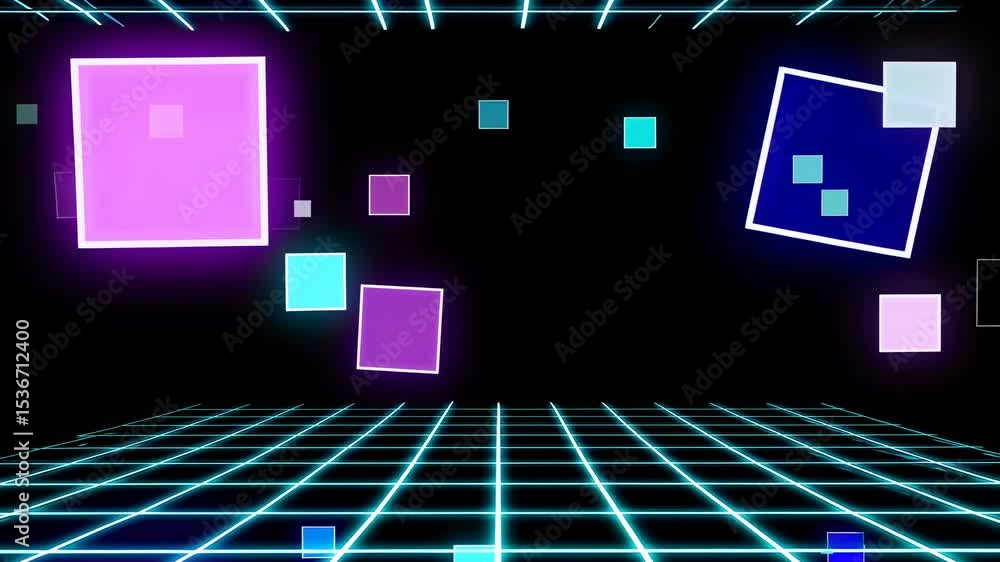 Poster bright neon cubes are floating and rotating in a dark cyberspace grid, creating a futuristic and tec