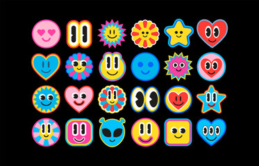 Set of funky Y2K emoji characters in retro groovy 90s style. Smiley faces, hearts, aliens, stars. Acid bright doodle sticker pack. Cute retro smiley face icons. Psychedelic Y2K face icons and smiley.