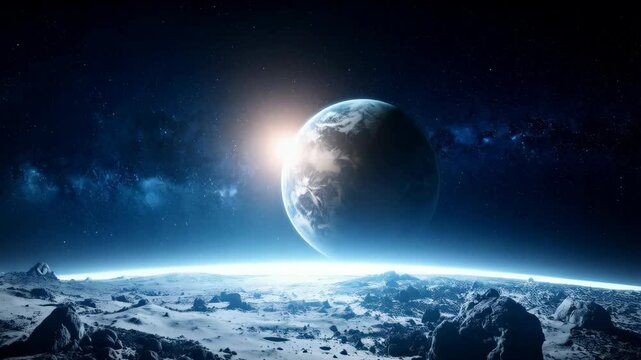 View from a barren planet surface with a blue planet and starfield in the background, cosmic scene with bright celestial objects
