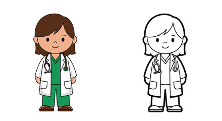 Child Veterinarian Coloring Page Colored and Outline Uniforms Animal Care Fun