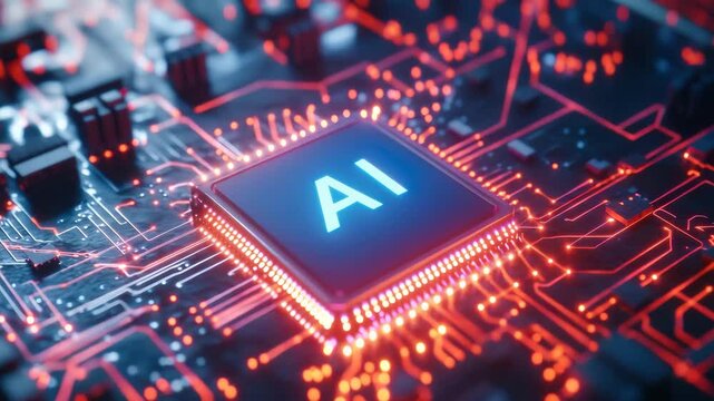 Artificial intelligence microchip glowing futuristic circuit board with bright red and blue lights, technology concept featuring electronic components, data flow, and advanced computer chip processor - Powered by Adobe