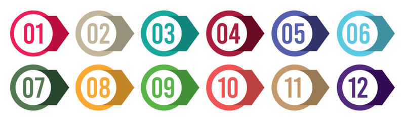Colorful number bullet point 1 to 12 flat vector set.