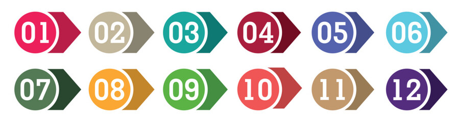 Colorful number bullet point 1 to 12 flat design vector set.