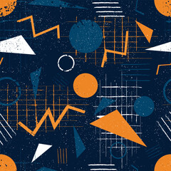 Abstract seamless pattern with distressed geometric elements, bold shapes, and grunge textures in navy, orange, and white. Ideal for sports apparel, activewear, and fashion backgrounds.