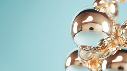 Abstract golden spheres and reflections on blue pastel background for futuristic luxury art scene