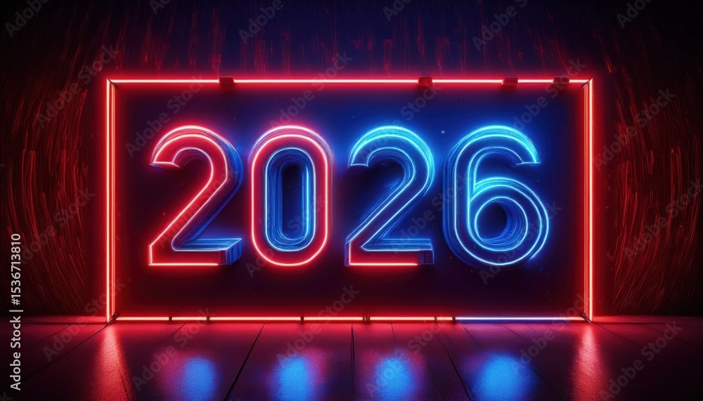 Poster futuristic neon 2026 typography in glowing red and blue lights with reflective floor and dark backgr