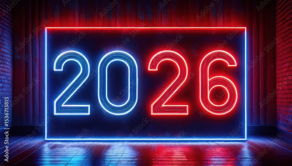 Poster futuristic neon 2026 typography in glowing red and blue lights with reflective floor and dark backgr