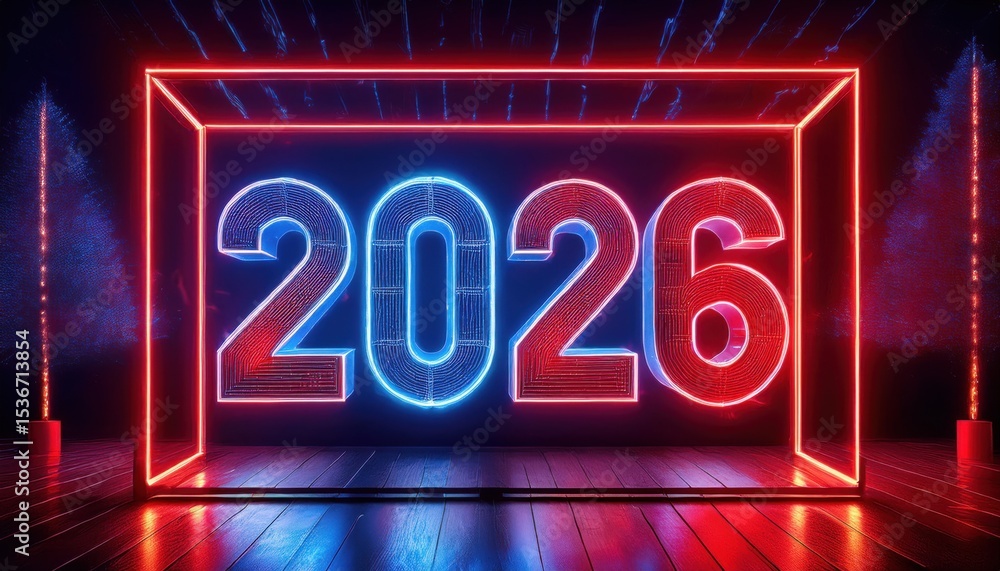 Poster futuristic neon 2026 typography in glowing red and blue lights with reflective floor and dark backgr