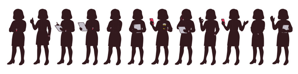 Silhouettes of business women using mobile devices and working with tablets. Modern professional characters in formal skirts. Clean black figures isolated on white background for UI and presentation