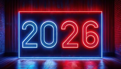 futuristic neon 2026 typography in glowing red and blue lights with reflective floor and dark background for web design, event poster, branding, or digital backdrop

