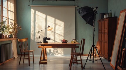 Photography studio with sunlight and wooden furniture for creative workspace professional portrait scene