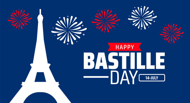 Happy Bastille Day background or banner design. White Eiffel Tower with Red and White Fireworks on Blue Background, Celebrating French National Holiday. - Powered by Adobe