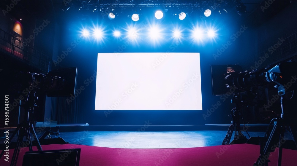 Poster empty theater stage with blue lights and screen for professional event presentation performance scen