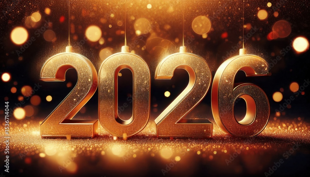 Poster golden 2026 new year celebration background with glowing bokeh lights, sparkling texture and 3d meta