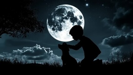Silhouette of child and dog under a moonlit sky - Powered by Adobe