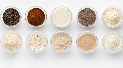 A Variety of Spices and Flours in Clear Bowls on White Surface