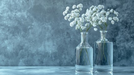 Two glass vases with white flowers on blue marble for elegant home interior floral decor scene